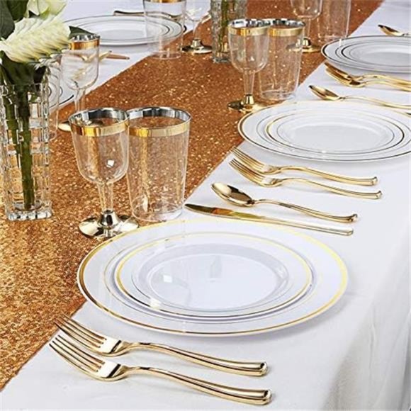 175 Piece Gold Dinnerware Set - 50 Gold Rim Plastic Plates - 25 Gold Silverware - Picture 6 of 8